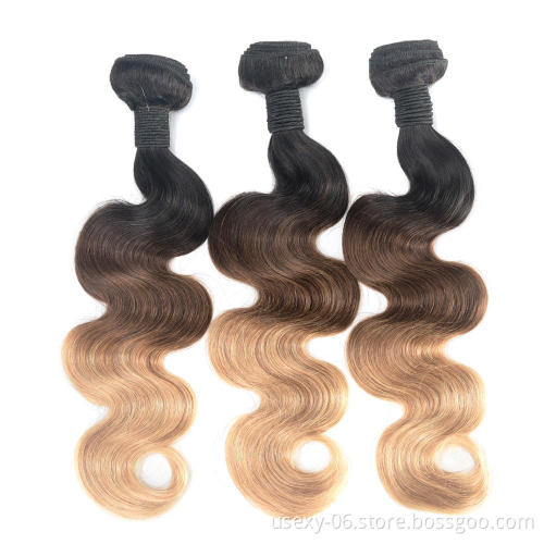 Human Hair Dubai Wholesale Market Three Tone Ombre 1B/4/27# Indian Temple Hair Blonde Hair Body Wave Bundles